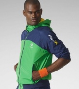 Sporty color-blocking and a mesh interior lend athletic appeal to this sleek full-zip hoodie, constructed from lightweight microfiber for high performance on the track.