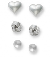 The perfect set. Giani Bernini's three pair stud earrings set is crafted in sterling silver and features beads, love knots and hearts. Approximate diameters: 1/6 inch (ball stud); 1/5 inch (heart stud); 1/5 inch (knot stud).