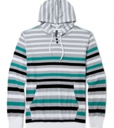 Stripes styled for unmatched surfer dude attitude: Univibe's pullover hoodie with henley neck and kangaroo pocket.