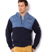 Turn hoodie style on its head with this button placket hoodie with chest pockets and colorblocking from Nautica.