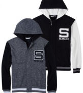 A fleece hoodie with the looks of a varsity letter jacket: Sean John zip front hooded sweatshirt with S and the Roman numerals for 1969, the year designer Sean Combs was born.