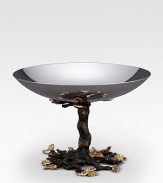 An artisan-crafted candy dish that captures the beauty of the mulberry tree, handmade with a fanciful brass-branch base, hand-antiqued and finished with goldplated leaves. From the Mullbrae CollectionStainless steel serverBrass-branch base with 24k goldplated leaves7H X 4 diam.Hand washImported