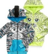 Get cozy with fun jungle animals, these hoodies from Belle du Jour are cute and colorful.