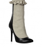 These quirky-chic ankle boots channel antique elegance with a decidedly modern aesthetic - Linen front detail, black leather toe and back, ruffle at shaft, stiletto heel - Wear with a flirty cocktail frock, fishnets, and a fur-trimmed jacket