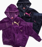 Cozy velour on these Puma hoodie give her a comfy look, perfect for hanging out or working out.