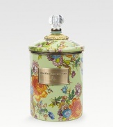 A garden-fresh lidded canister makes a cheery kitchen container or home organizer, crafted in hand-glazed and -decorated steel with bright florals, bronze hardware and a clear acrylic knob. Enameled steel 48-ounce capacity 5¾H X 5 diam. Dishwasher safe Imported 