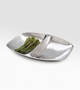 A sleek, utterly modern serving piece crafted in smooth metal allow with sloping lines and a divided compartment ideal for complementary hors d'oeuvres. Metal 15W X 2H X 11D Imported 