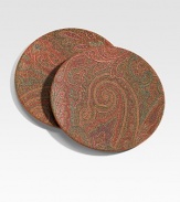 Beautiful coasters with PVC-coated fabric front and leather backing. Handcrafted in Italy in a sophisticated paisley print of swirling colors.Set of two coastersMeasure 5½ diam. ea.PVC-coated cotton/leatherMade in Italy