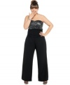 Be the star of the party in Love Squared's strapless plus size jumpsuit, showcasing a sequined top!