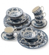 Fit for a king, the Old Britain Blue dinnerware set stirs up images of the old world with elaborate landscapes in ivory earthenware. Gently scalloped edges and lavish floral trim add to its regal sensibility.