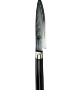 Now it's easy to eat your fruits & veggies-core & peel them with this on-point knife. Crafted from stainless steel with an impenetrable steel core, this traditional Japanese blade features precision angling on each side, a full tang for incredible strength and balance and a D-shaped ebony handle that feels just right in your hand. Lifetime warranty.