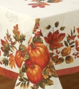 A cornucopia of fall, the Harvest Medley tablecloth features a lavish leaf and pumpkin print with elegant damask detail. (Clearance)