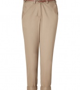 These hacienda pants offer a lighthearted take on classic preppy style - Made of casual, coffee-colored cotton, the pants features a narrow leg with cuffs, side and back pockets and decorative darts - Elegant, thin belt -  Pair with billowy blouse, blazer and high heels, or relaxed, with a v-neck cotton tee and leather thongs