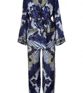 Effortless and incredibly luxurious, Emilio Puccis silk pajamas are perfect for wearing ready-to-wear as a sartorial take on one of this seasons favorite trends - Top with notched collar, long sleeves, piped trim throughout, front patch pockets, self-tie sash around the waist, side slits - Trousers with drawstring waistline, wide leg - Easy fit - Wear out with statement accessories and chunky gold jewelry