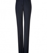 Jil Sanders navy straight leg wool pants are an elegant example of precision tailoring - Side slit pockets, hidden hook closure, belt loops - Medium-rise, slim cut with a touch of stretch - Polished and effortlessly chic, perfect for pairing with button-downs or pullovers and ballet flats or pumps