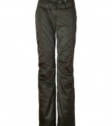 Stay stylish from the lodge to the slopes in these ultra-luxe shimmering ski pants from Jet Set - Zip fly, zippered back pockets, adjustable belt at front with elasticized waistline in back, zippered ankles, layered lining from knee to ankle with elasticized cuff and silicone band for hold - Slim, flared silhouette - Style with a figure-hugging cashmere pullover, shearling boots, and a sleek parka