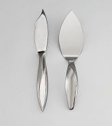 A new twist on two kitchen classics are forged in lustrous, 18/10 stainless steel with artfully winding handles. Set includes a knife with a sharp, slightly hooked point and a notched blade, plus a server crafted with a wide, flat surface. Knife, 12½ long Server, 11½ long Machine wash Imported