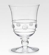 Old-world style and elegant details define this utterly charming goblet, handmade and mouthblown with dimensional detail in fine glass. From the Isabella Collection Handmade 10-oz. capacity 5 high Dishwasher safe Imported 