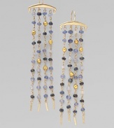 A four-strand fringe design dangles tiny beads of multi-hued sapphires and 18k gold from a polished 14k gold bar.Sapphire 14k and 18k yellow gold Length, about 3 Ear wire Imported