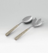 Stainless steel two-piece serving set includes salad fork and spoon both with gold-plated hollow braid patterned handle. Also available in platinum plating. 11½ long Comes in gift box Imported