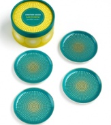 Soak up the sun with Jonathan Adler coasters inspired by the Greek island of Santorini. Turquoise-glazed porcelain with gold banding and sunbursts keep your table looking cool.