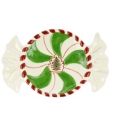 Christmas couldn't be sweeter with Spode's Christmas Tree Peppermint candy tray. A figural dish combining a a holiday icon with red, white and green candy stripes offers irresistible whimsy.