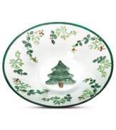 A classic holly motif and tree-green banding in textured glass make this Pfaltzgraff Winterberry serving bowl a festive addition to holiday tables.