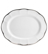 New traditions begin with the Adelaide Platinum oval platter from Mikasa. Sumptuous platinum and elegant shaping in white bone china make any occasion special.