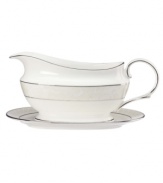 A sweet lace pattern combines with platinum borders to add graceful elegance to your tabletop. The classic shape and pristine white shade make this sauce boat a timeless addition to any meal. From Lenox's collection of dinnerware and dishes.