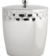 Dazzle a crowd with the Atelier ice bucket from Monique Lhuillier Waterford. A jewel-like geometric motif in gleaming nickel plate adds modern brilliance to the mix. With lid and tongs.