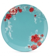 Chirp dinnerware takes on a whole new life in this flowery accent plate from Lenox. Vibrant red blossoms paint a cheerful scene against a backdrop of solid turquoise.