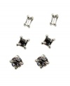 The perfect pair for any occasion. GUESS's three pair earring set feature rectangle, square, and round-cut clear crystals set in silver tone mixed metal. Approximate diameters: 6 mm.