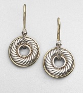 Ornately textured donuts of sterling silver are sparked with accents of 18k yellow gold. Sterling silver and 18k yellow gold Drop, about ½ Ear wire Made in USA