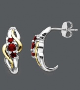 Pretty and petite. These elegant earrings take the classic hoop to a new level with the addition of round-cut rubies (1/2 ct. t.w.), sparkling diamond accents, and a swirling 14k gold and sterling silver setting. Approximate diameter: 5/8 inch.