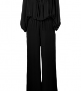 Channel disco-luxe style with this flattering silk jumpsuit from Halston Heritage - Blouson top with tie neck detail, billowy sleeves with elasticized cuffs, high waist, wide leg, relaxed silhouette -Pair with sky-high platforms, a statement clutch, and oversized gold hoop earrings