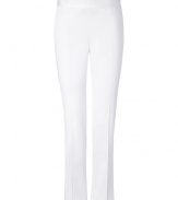 Achieve classic style with these flattering cotton pants from Moschino Cheap & Chic - Wide waistband, straight leg, front crease detail, concealed side zip closure, ankle length - Wear with a silk blouse, platform heels, and an oversized satchel