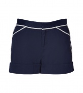 Stylish shorts in fine, pure navy blue washed cotton - Cream rope piping lends the look a touch of on-trend, maritime chic - Wide, cuffed hem and tab closure waist - Flap pockets at rear, diagonal pockets at sides - Medium rise sits comfortably at hips - A feminine, summer-ready take on casual, utilitarian cool - Pair with t-shirts, button downs or tunic tops and leather sandals or wedges