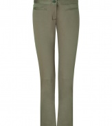 Elegant trousers in fine, pale khaki green stretch blend - Modern, slim silhouette bells gently at ankles, flattering the leg - Lower rise, with button closure and zip fly - Medium-width waistband and front welt pockets have a subtle sheen - casually elegant and ultra-versatile, seamlessly transitions form work to weekend - Dress up with a silk blouse and platform pumps or go for a more casual look with a t-shirt and leather sandals