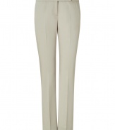 Stylish pants in fine beige stretch cotton - Wonderfully comfortable thanks to spandex - Short cuff with side pockets - Figure-flattering creases create slim look - Classic office or evening trousers, have mix of serious and modern - Pair with a matching blazer, silk blouse and heels