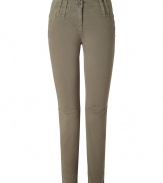 Stylish, straight-leg pants in olive colored stretch cotton are a update on your classic chinos - Features double belt loops, two flap pockets at back, darts at knee, a narrow waist and 7/8-length - Wear with oversized sweater and ankle boots for a downtown trendy look, or take to work with a feminine blouse, blazer and heels