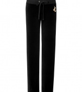 Off-duty looks get an effortless luxe edge with Juicy Coutures logo embroidered velour lounge pants - Drawstring waistline, straight leg, sits low on the hips - Style with a tee and cozy pullover, or for a sportier look, with a matching hoodie and flats