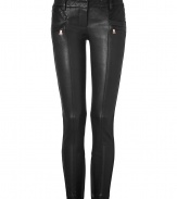 Edgy biker styling gets an ultra-luxe remix in these of-the-moment leather pants from Balmain - Hidden hook closure, zip fly, slit and zippered pockets on front and back, belt loops, quilted panels at top and sides, inside ankle zips - Skinny fit - Wear with a statement fur coat and sleek platform lace-ups