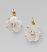 Mother of pearl flowers feature sparkling glass bead centers.Mother of pearl, glass 12K goldplated Drop, about 1 Width, about ½ Leverbacks Imported