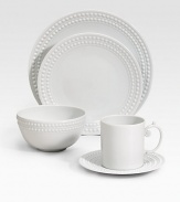 An elegantly detailed place setting is made entirely by hand in fine Limoges porcelain with a raised pearl border. Set includes dinner plate, dessert plate, cereal bowl, saucer and mug. From the Perlee White Collection Porcelain Dinner plate, 10½ diam. Dessert plate, 8¾ diam. Cereal bowl, 3H X 5½ diam. Saucer, 6½ diam. Mug, 3½H X 4¾ diam. Dishwasher safe Imported 