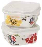 Adorned with folksy florals, the Jardine square storage containers by Eva Mendes spruce up leftovers with colorful fresh-for-spring style. Featuring durable white porcelain and plastic snap-on lids for easy heating and cleaning.