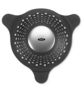 Prevent your drain from clogging with the OXO Shower and Tub Drain Protector. Features three suction cups to keep it securely in place and a domed shape to accommodate both flat and pop-up drains. During bath time it also prevents toys from escaping down the drain.