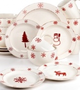 Greet the season with charming Birchwood Holiday dinnerware. Casual earthenware stenciled with red deer, snowflakes and trees brings the spirit of the season to three meals a day. From Euro Ceramica.