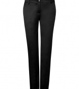 Stylish pants in fine black acetate and nylon stretch blend - Elegant, satin-like sheen - Modern silhouette: low-waisted, slim fit, cropped at the ankle - Chic crease detail at front, belt loops, double welt pockets at back - A versatile and polished pant that easily goes from day to night - Ideal for the office, cocktails and evening events - Pair with a silk blouse or paillette top and cropped leather jacket - Style with ankle booties or platform heels