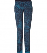 Bring bold ladylike style to your day or night look with these lace-print pants from Emilio Pucci - Contrasting waistband, flat front, single back welt pocket with button, straight leg, all-over lace print - Wear with a silk blouse, platform pumps, and an oversized shoulder bag