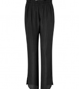 Casual goes elegant with these loose-fitting textured silk harem pants from See by Chloe - Wide elasticized waistband, pleated, on-seam pockets, back welt pockets, cropped silhouette, split curved hem - Wear with a button-down top, a blazer, and peep-toe heels